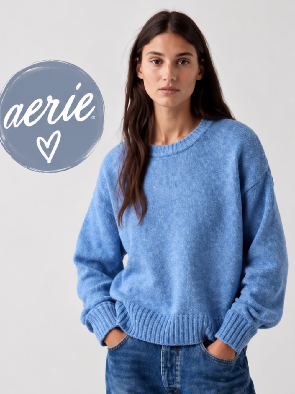 Aerie oversized knit crewneck sweater in a soft heathered light blue periwinkle